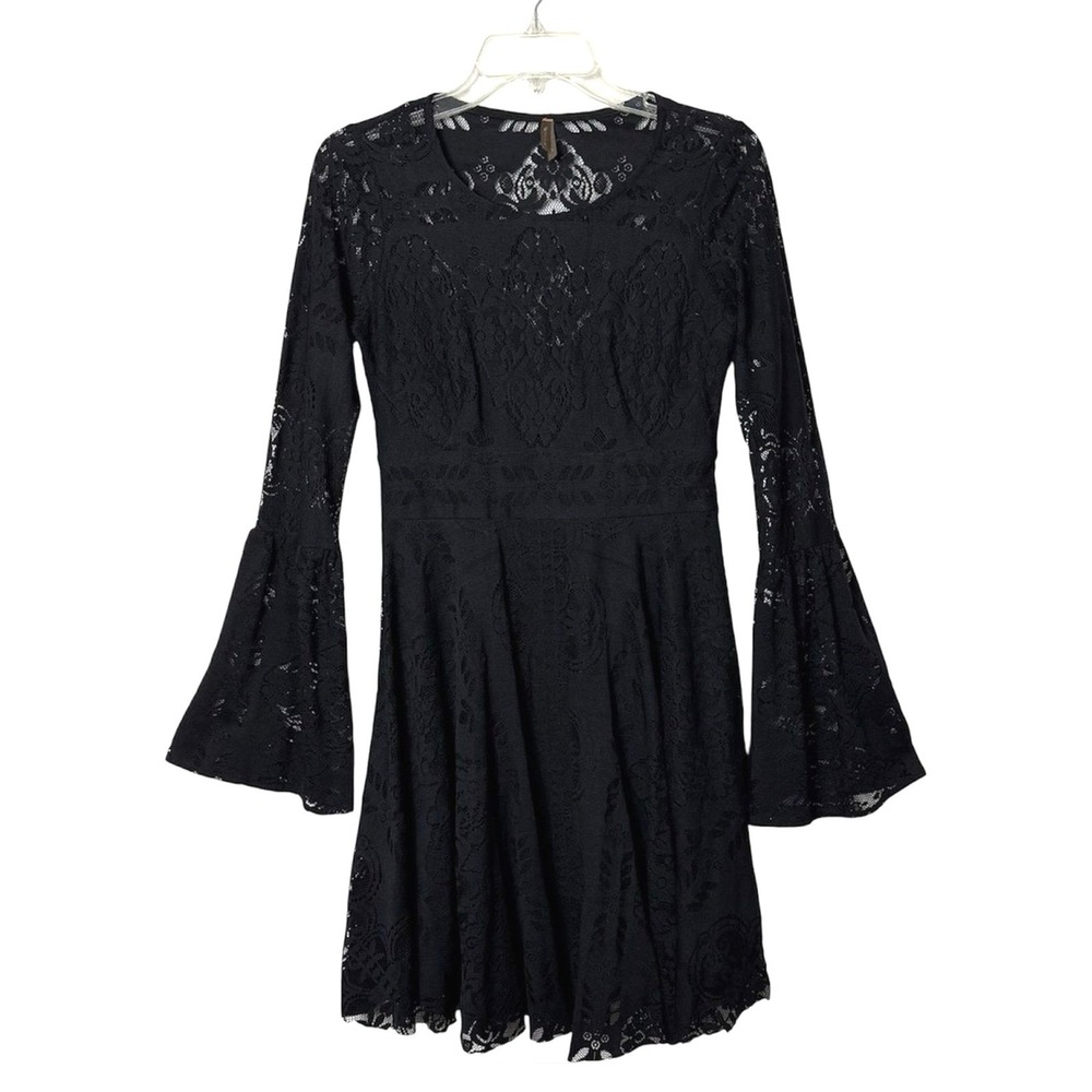Stetson Black Lace Bell Sleeve Mini Dress S Boho Western Cutout Flawed